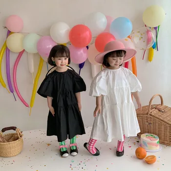 2023 Летнее Новое хлопковое свободное платье с пышными рукавами для маленьких девочек, детское милое однотонное платье принцессы, длинная юбка в стиле куртуазности в стиле ретро