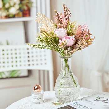 30 см, розовый шелковый пион, букет искусственных цветов, комбинация из 2 листьев папоротника, дешевые искусственные цветы, подходящие для семейной свадьбы