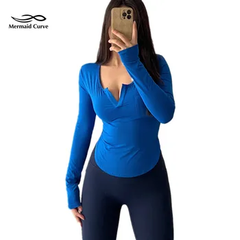 Mermaid Curve/ Новая спортивная футболка Klein Blue для занятий йогой с длинным рукавом и фитнесом, женский сексуальный облегающий топ с V-образным вырезом, быстросохнущий, для бега.