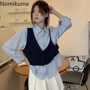 Nomikuma Blusas Para Mujer Весна Осень Контрастного Цвета, Поддельные Рубашки из Двух Частей для Женщин, Модная Опрятная Сорочка Harajuku Femme