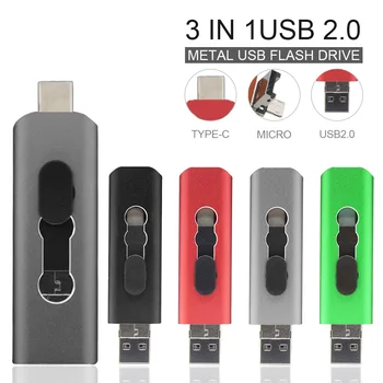 OTG 3 в 1 USB Флэш-накопители USB 2.0 и Type-C и Micro USB 64 ГБ 32 ГБ 16 ГБ 8 ГБ 4 ГБ Флешки Двойной Флеш-накопитель Cle USB с пакетом