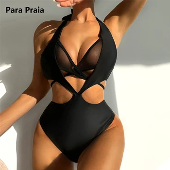 Para Praia 2023, Цельный купальник с высоким вырезом, открытые купальники для женщин, сексуальный купальник на бретелях, купальники с высокой талией, боди