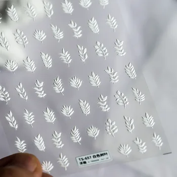 TS657 Белые листья, наклейки для ногтей с тиснением, Самоклеящиеся Слайдеры, наклейки для дизайна ногтей, наклейки для маникюра.