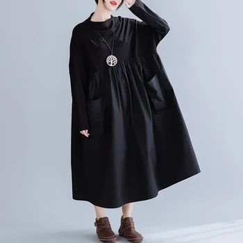 Весеннее новое Корейское платье с круглым вырезом и карманами в стиле пэчворк с длинным рукавом, свободное удобное Женское платье однотонного цвета