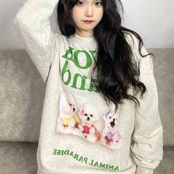 Винтажная серая толстовка с принтом Kawaii Dogs Y2K, Свободный повседневный пуловер с круглым вырезом, Уличная одежда в корейском стиле, эстетическая одежда для женщин и девочек