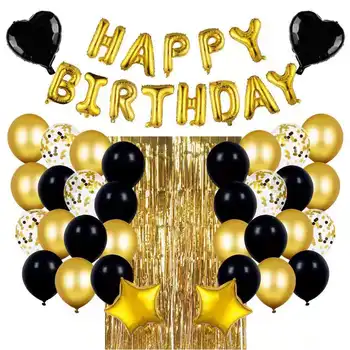 Воздушный шар из алюминиевой фольги с днем рождения, черный золотой латексный воздушный шар, фоновое украшение для вечеринки, украшение для дня рождения девочки и мальчика