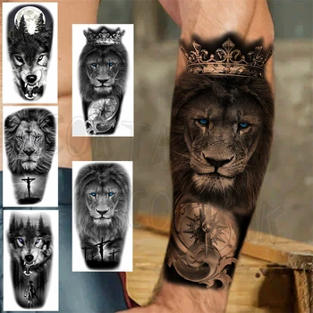 Временные татуировки с короной Черного Льва и компаса Для женщин и взрослых мужчин, Накладная татуировка с крестом в виде Волчьего леса, Водонепроницаемая татуировка с изображением боди-арта