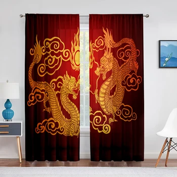Два золотых дракона на красном фоне, прозрачная вуалевая занавеска для гостиной, спальни, кухни, Прозрачная тюлевая занавеска для окна
