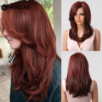 Длинные прямые винно-красные синтетические парики HAIRCUBE для женщин с челкой по бокам из натуральных многослойных волос для косплея, термостойкие парики