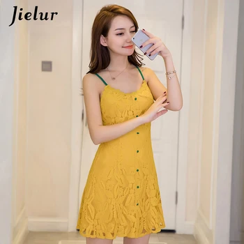 Желтое платье на бретельках Jielur, женское сексуальное молодежное платье с кружевами на пуговицах, элегантное корейское шикарное простое свежее летнее женское платье
