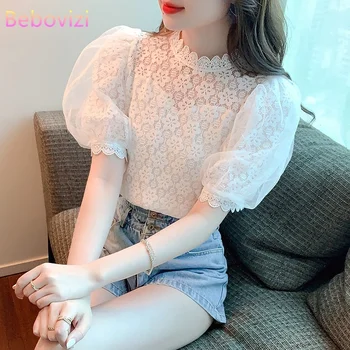 Женская кружевная блузка, Летняя новинка 2023, Модная Корейская повседневная рубашка с коротким рукавом, топ