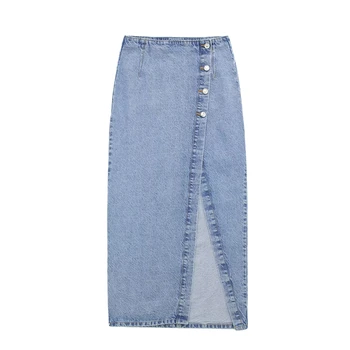 Женская летняя новинка, универсальная модная джинсовая юбка с высокой талией и тонким разрезом, джинсовая юбка средней длины с коротким рукавом