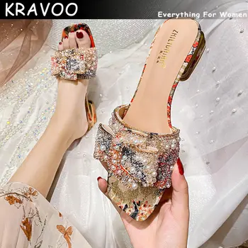 Женская обувь KRAVOO, женские тапочки с жемчугом и стразами, женские босоножки на квадратном каблуке, фиолетовые уличные тапочки, пляжные горки 2023 г.