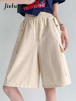 Женские брюки-карго с завязками Jielur Длиной до колен, летние, с высокой талией, Свободные, повседневные, с карманами, на шикарных пуговицах, однотонные женские брюки