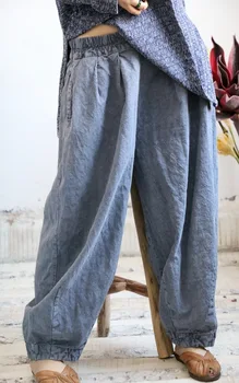 Женские винтажные брюки из грубого льна с эластичной резинкой на талии, женские брюки из льна в стиле ретро, женские брюки 2022, однотонные брюки, брюки