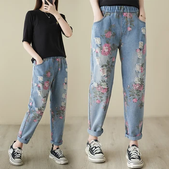 Женские винтажные джинсы с цветочным принтом, женская эластичная резинка на талии, рваные повседневные джинсовые брюки приталенного кроя длиной до щиколоток, шаровары