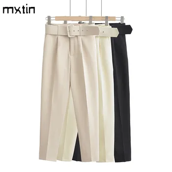 Женские осенние винтажные брюки-карандаш с белым поясом, весенние карманы, 3 цвета, офисные женские брюки по щиколотку, панталоны, одежда