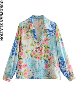 Женские рубашки С пайетками 2023 мода цветочный принт плиссированные рубашки винтажные женские блузки с длинным рукавом и пуговицами спереди