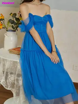 Женское однотонное платье с V-образным вырезом, летнее вечернее платье из тюля с оборками, элегантное платье с открытыми плечами, синие сексуальные платья без рукавов, Vestidos