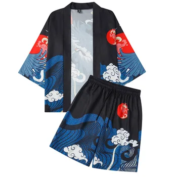 Кардиган Харадзюку Юката с принтом китайского журавля, шорты-кимоно, костюм из 2 предметов, мужская одежда для косплея Хаори