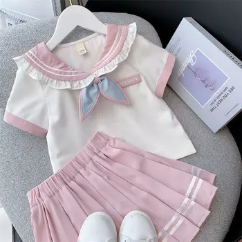 Комплект юбок для студенток JK, летний Корейский комплект с коротким рукавом + плиссированная юбка, 2 предмета, модная одежда в стиле колледжа от 3 до 12 лет