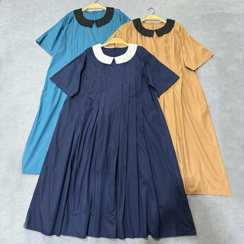 Корейская версия Johnature, летние платья с кукольным воротником для женщин, 2023 Новые Винтажные Свободные плиссированные платья Mori Color-block