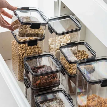 Кухонный контейнер для хранения продуктов Пластиковая коробка Банки для сыпучих круп Кухонные органайзеры для кладовой Банки-органайзеры с крышкой для дома