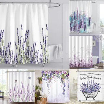 Лавандовая занавеска для душа с крючками из полиэстеровой ткани фиолетового цвета, Подвесные шторы с цветочным растением, набор аксессуаров для украшения ванной комнаты