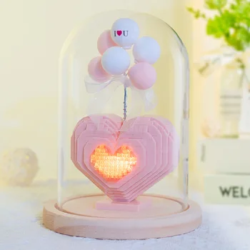 Микро-строительный блок с воздушным шаром в виде сердца 999шт + Романтическая Розовая мини-кирпичная модель с бриллиантами и любовью, Игрушки для подружек, Предлагающие подарок со светом