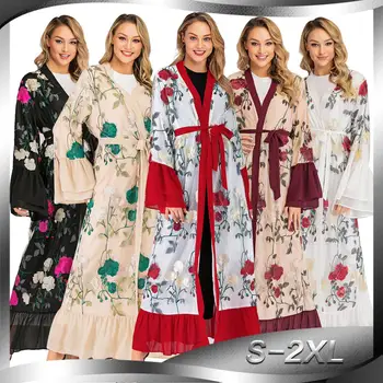 Модные мусульманские женские абайи Весна 2019, Новое поступление, мусульманские кафтаны и Джуба, черное кружево, цветочная вышивка, расклешенный рукав