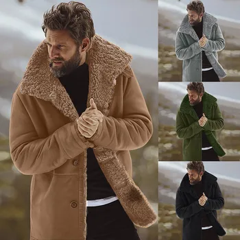 Мужское зимнее пальто, куртка из овчины, теплые куртки из искусственного ягненка с шерстяной подкладкой, пальто свободного кроя, высококачественное пальто