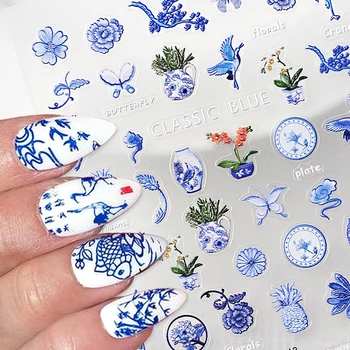Наклейки для ногтей с цветочным тиснением 5D, китайские наклейки для дизайна ногтей цвета морской волны, ретро наклейки для ногтей с цветочным рисунком, самоклеящиеся наклейки с синими цветами