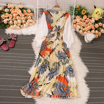 Нишевое плиссированное темпераментное платье с длинными рукавами с принтом, женское модное летнее пляжное платье, богемные вечерние платья, Элегантный сарафан