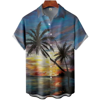 Новые модные мужские гавайские рубашки с кокосовым рисунком, топы с коротким рукавом, повседневные рубашки на побережье, одежда большого размера, мужская летняя одежда