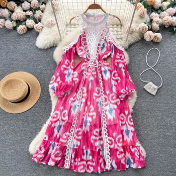 Приморский кружевной крючок с цветочным узором, платье с открытыми плечами, платье с длинным рукавом, свободное летнее платье-качели