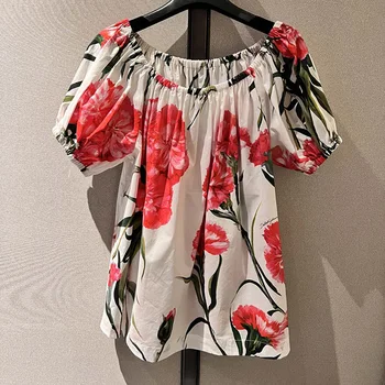 Рубашка с ботаническим цветочным принтом, женская повседневная свободная блузка, женские летние элегантные топы с отворотом.
