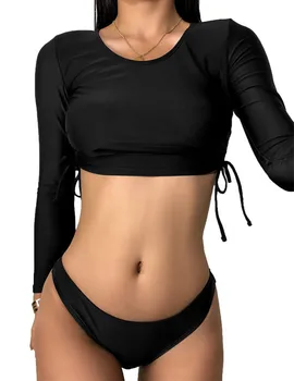 Сексуальный комплект бикини, Новый женский купальник, Купальники из двух частей, купальный костюм, пляжная одежда, однотонные Стринги с длинным рукавом