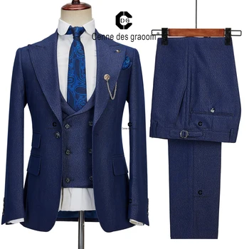 Синий мужской Твидовый костюм Centne Des Graoom, Элегантный Однобортный пиджак на 1 пуговице, Жилет, Брюки, деловой Повседневный Свадебный костюм Homme