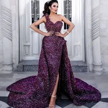 Фиолетовое Изысканное Высококачественное Элегантное вечернее платье длиной до пола на одно плечо со шлейфом и высоким разрезом из пайеток и кристаллов Платье для выпускного вечера