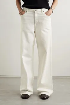 Хлопчатобумажные весенне-осенние широкие брюки с высокой талией, белые джинсы, женские прямые брюки
