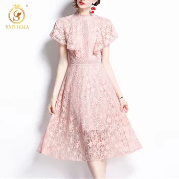Что-то розовое кружевное Открытое плиссированное Элегантное платье для женщин, воротник-стойка, Винтажные платья средней длины, Женская Новая одежда 2022 года