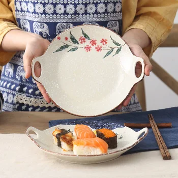 Японская посуда ЛингАо, керамическая тарелка, креативное неправильной формы домашнее блюдо, двойная уха, детская обеденная тарелка, набор для запекания