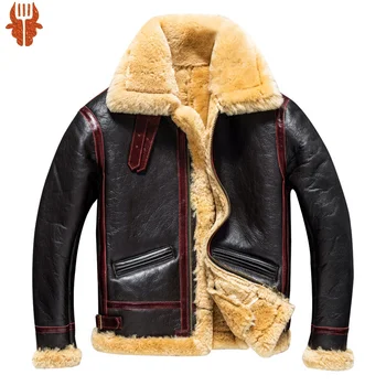 Зимняя темно-коричневая мужская куртка-дубленка в стиле милитари, большие размеры 4XL, толстая натуральная овчина, бомбер B3, пальто из натуральной кожи.