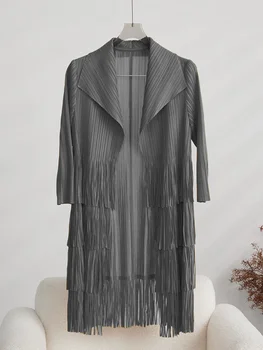 Пальто С кисточками, плиссированное для женщин, тренч, лацканы, Длинные рукава, пальто с открытой строчкой, Повседневная женская одежда 2023 года